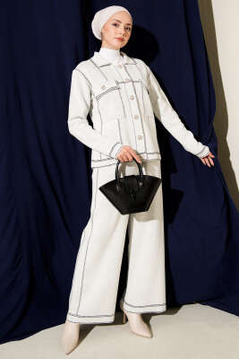 Düğmeli Şerit Detaylı Triko İkili Takım Ekru - RAFİMİX