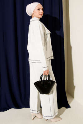 Düğmeli Şerit Detaylı Triko İkili Takım Ekru - İkili Takım