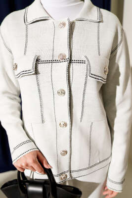 Düğmeli Şerit Detaylı Triko İkili Takım Ekru - İkili Takım