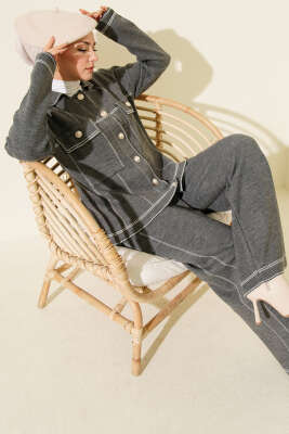 Düğmeli Şerit Detaylı Triko İkili Takım Füme - RAFİMİX