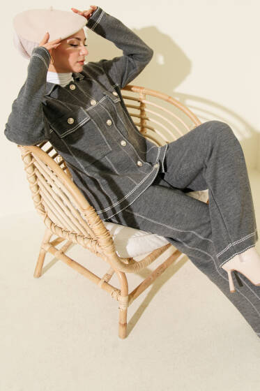 Düğmeli Şerit Detaylı Triko İkili Takım Füme - İkili Takım