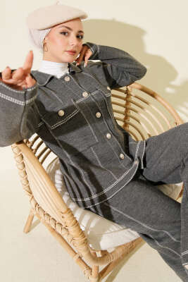 Düğmeli Şerit Detaylı Triko İkili Takım Füme - İkili Takım