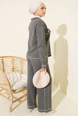 Düğmeli Şerit Detaylı Triko İkili Takım Füme - İkili Takım