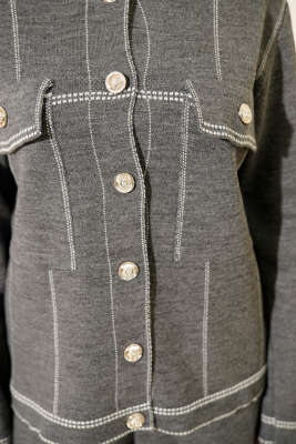 Düğmeli Şerit Detaylı Triko İkili Takım Füme - İkili Takım