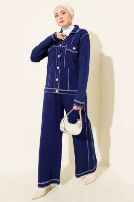 Düğmeli Şerit Detaylı Triko İkili Takım Lacivert - RAFİMİX