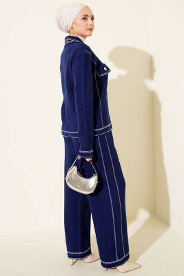 Düğmeli Şerit Detaylı Triko İkili Takım Lacivert - İkili Takım