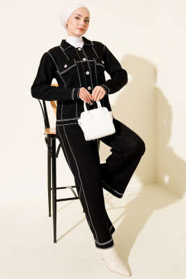 Düğmeli Şerit Detaylı Triko İkili Takım Siyah - RAFİMİX