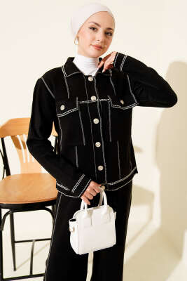 Düğmeli Şerit Detaylı Triko İkili Takım Siyah - İkili Takım