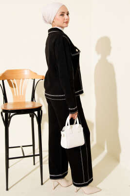 Düğmeli Şerit Detaylı Triko İkili Takım Siyah - İkili Takım