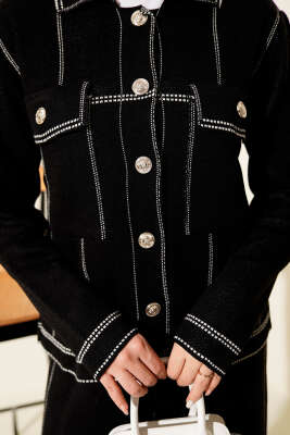 Düğmeli Şerit Detaylı Triko İkili Takım Siyah - İkili Takım