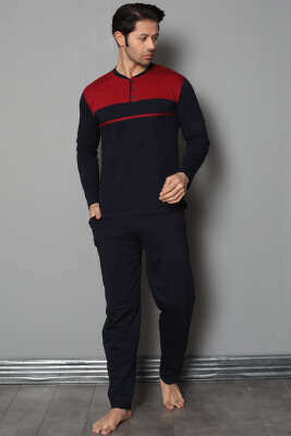Düğmeli Şeritli Erkek Pijama Takımı Bordo 