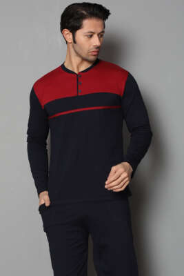 Düğmeli Şeritli Erkek Pijama Takımı Bordo - Pijama