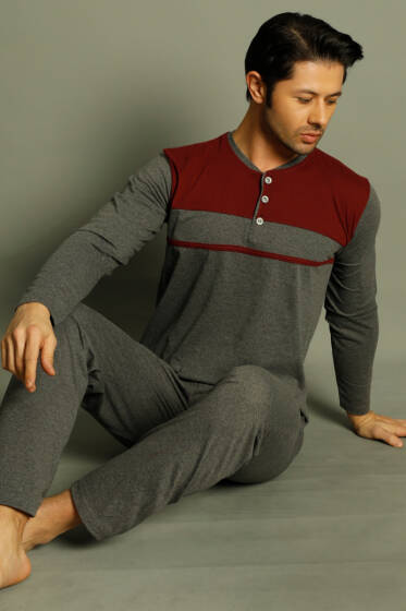 Düğmeli Şeritli Erkek Pijama Takımı Füme - Pijama