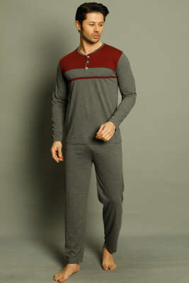 Düğmeli Şeritli Erkek Pijama Takımı Füme - Pijama