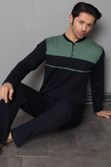 Düğmeli Şeritli Erkek Pijama Takımı Haki - Pijama