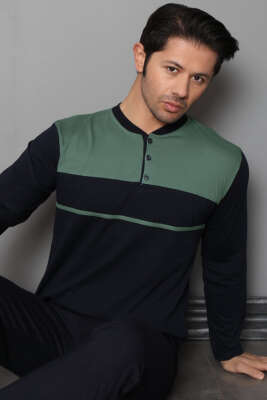 Düğmeli Şeritli Erkek Pijama Takımı Haki - Pijama