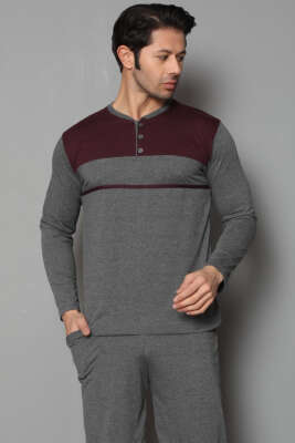 Düğmeli Şeritli Erkek Pijama Takımı Mürdüm - Pijama