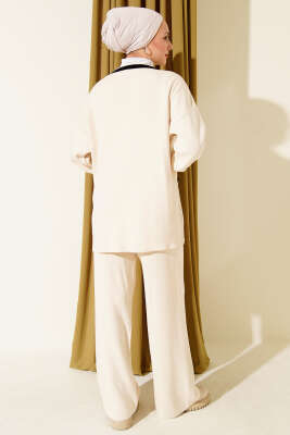 Düğmeli Şeritli Hırkalı Triko İkili Takım Bej - İkili Takım