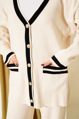 Düğmeli Şeritli Hırkalı Triko İkili Takım Bej - İkili Takım