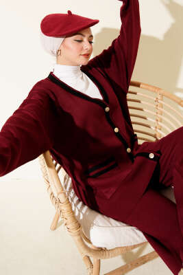 Düğmeli Şeritli Hırkalı Triko İkili Takım Bordo - NESSİA