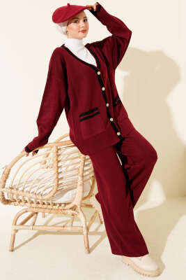 Düğmeli Şeritli Hırkalı Triko İkili Takım Bordo - İkili Takım