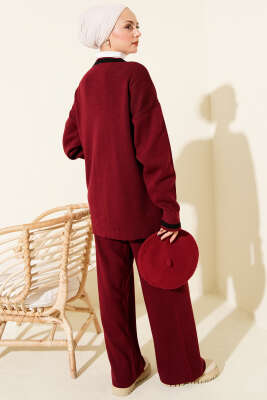 Düğmeli Şeritli Hırkalı Triko İkili Takım Bordo - İkili Takım