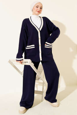 Düğmeli Şeritli Hırkalı Triko İkili Takım Lacivert - NESSİA