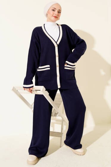 Düğmeli Şeritli Hırkalı Triko İkili Takım Lacivert - İkili Takım