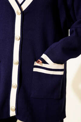 Düğmeli Şeritli Hırkalı Triko İkili Takım Lacivert - İkili Takım