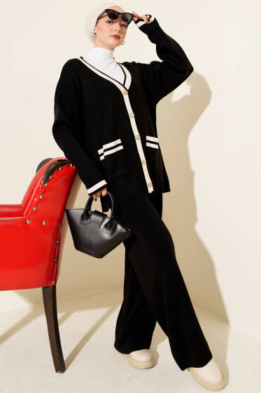 Düğmeli Şeritli Hırkalı Triko İkili Takım Siyah - İkili Takım