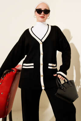 Düğmeli Şeritli Hırkalı Triko İkili Takım Siyah - İkili Takım