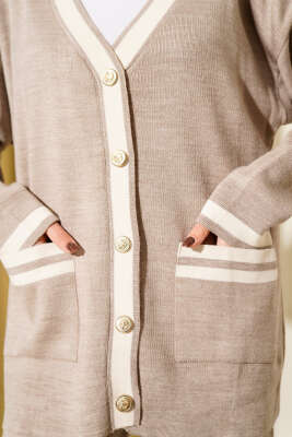 Düğmeli Şeritli Hırkalı Triko İkili Takım Vizon - İkili Takım