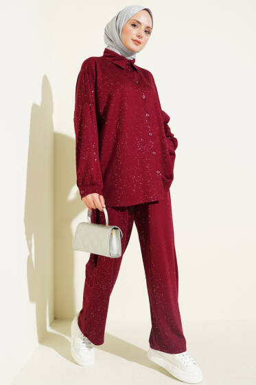 Düğmeli Simli Loyşa İkili Takım Bordo - İkili Takım