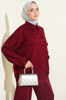 Düğmeli Simli Loyşa İkili Takım Bordo - İkili Takım