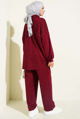 Düğmeli Simli Loyşa İkili Takım Bordo - İkili Takım