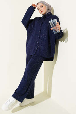 Düğmeli Simli Loyşa İkili Takım Lacivert - NESSİA