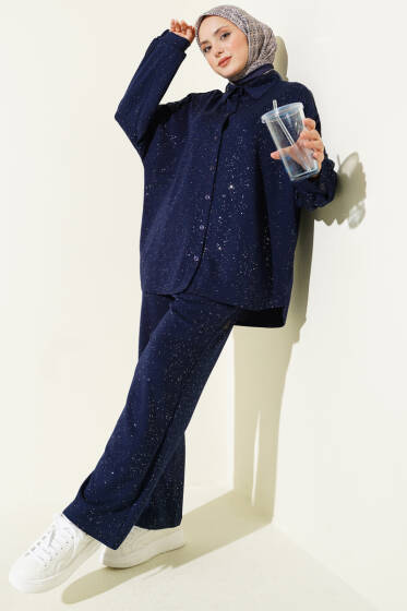 Düğmeli Simli Loyşa İkili Takım Lacivert - İkili Takım