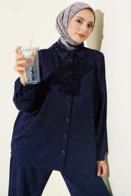 Düğmeli Simli Loyşa İkili Takım Lacivert - İkili Takım