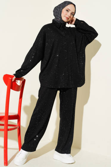 Düğmeli Simli Loyşa İkili Takım Siyah - İkili Takım