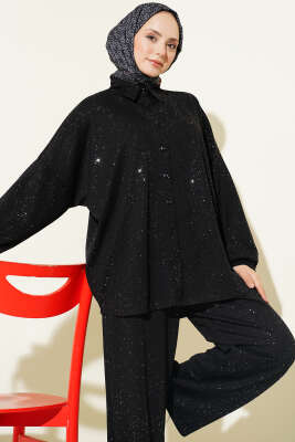 Düğmeli Simli Loyşa İkili Takım Siyah - İkili Takım