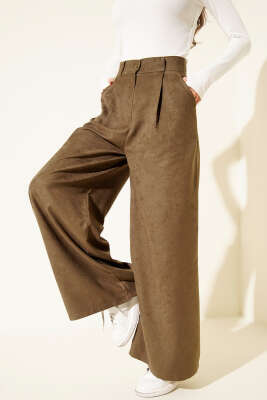 Düğmeli Süet Palazzo Pantolon Haki - MODA MERSİ