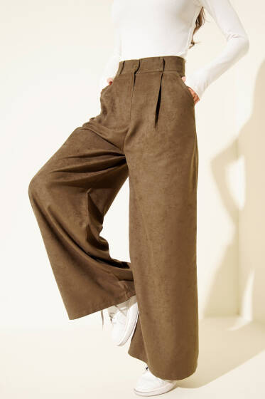 Düğmeli Süet Palazzo Pantolon Haki - Kadın Giyim Modelleri