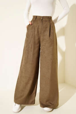 Düğmeli Süet Palazzo Pantolon Haki - Kadın Giyim Modelleri