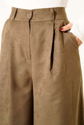 Düğmeli Süet Palazzo Pantolon Haki - Kadın Giyim Modelleri