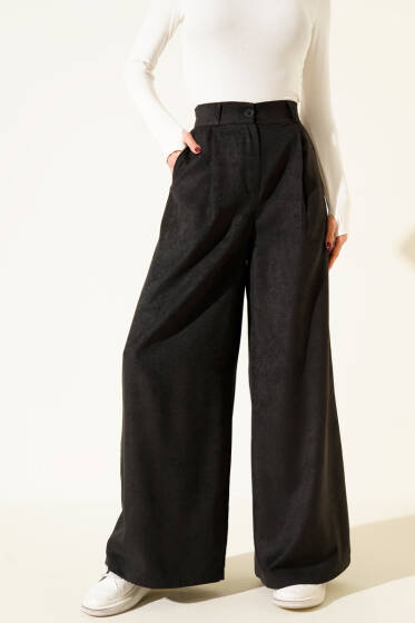Düğmeli Süet Palazzo Pantolon Siyah - Kadın Giyim Modelleri