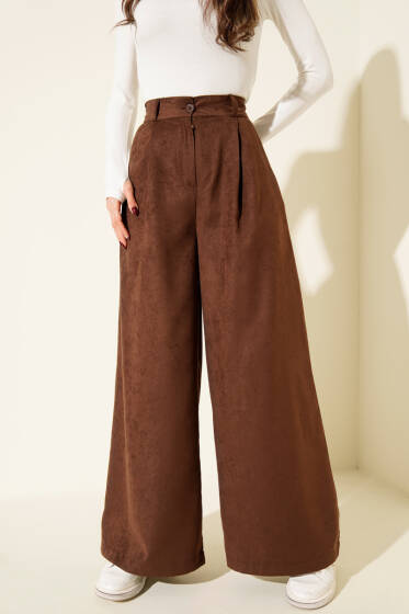 Düğmeli Süet Palazzo Pantolon Taba - Kadın Giyim Modelleri