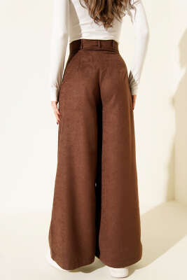 Düğmeli Süet Palazzo Pantolon Taba - Kadın Giyim Modelleri