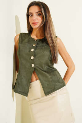 Düğmeli Süet Yelek Haki - Kadın Giyim Modelleri