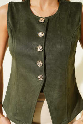 Düğmeli Süet Yelek Haki - Kadın Giyim Modelleri