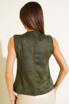 Düğmeli Süet Yelek Haki - Kadın Giyim Modelleri